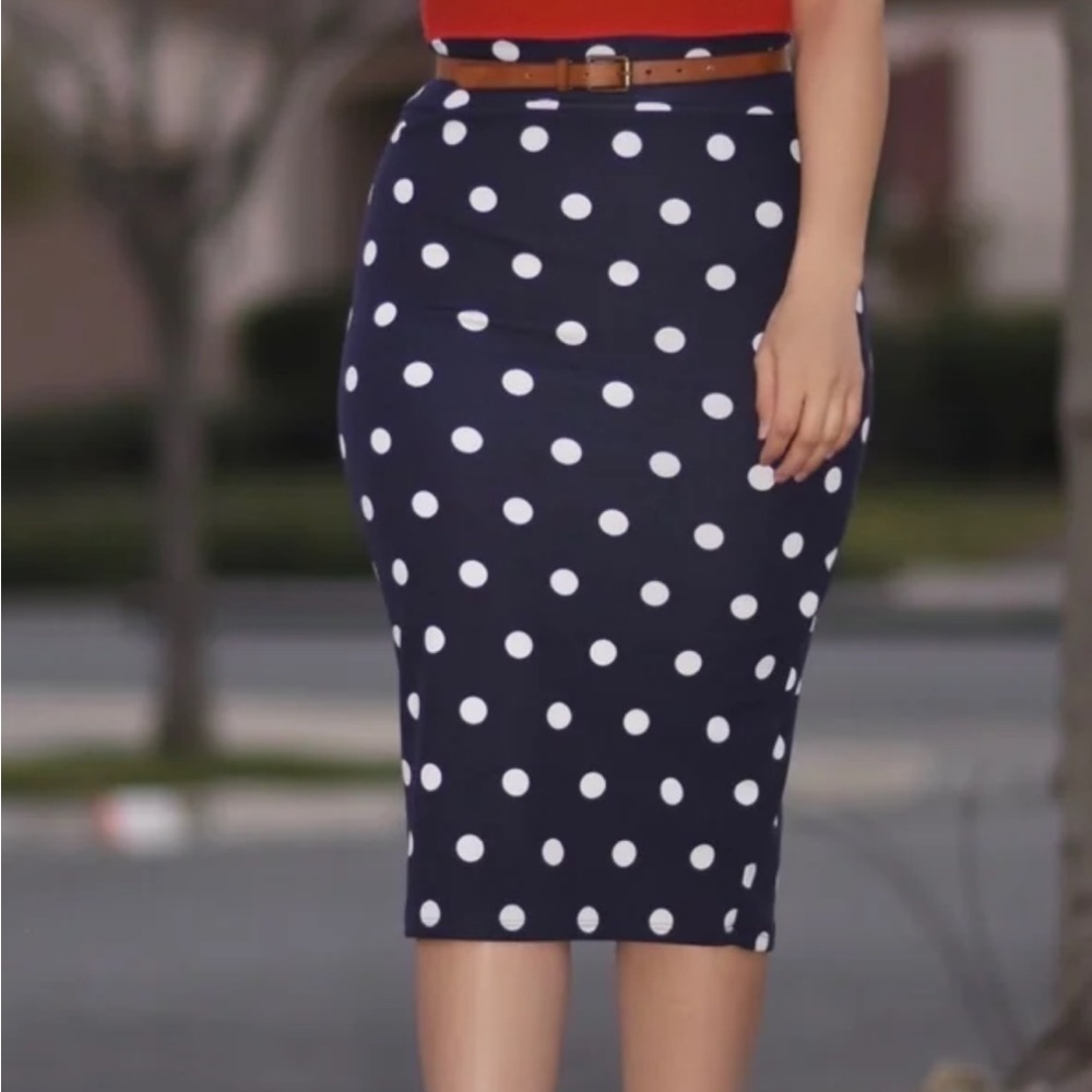 Chaps Navy and White Polka Dot Pencil Skirt